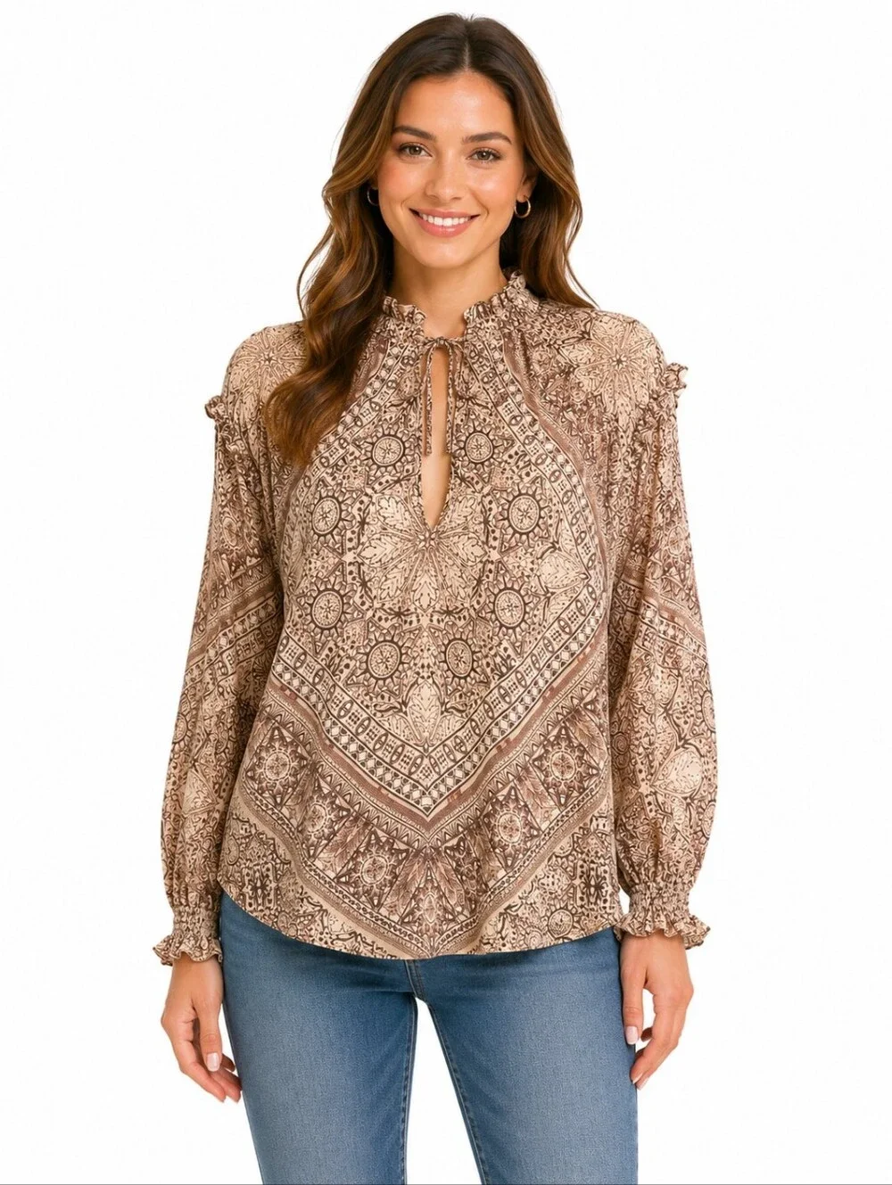 Free People Mock Neck Printed Boho Blouse Brown Cream Size Small
